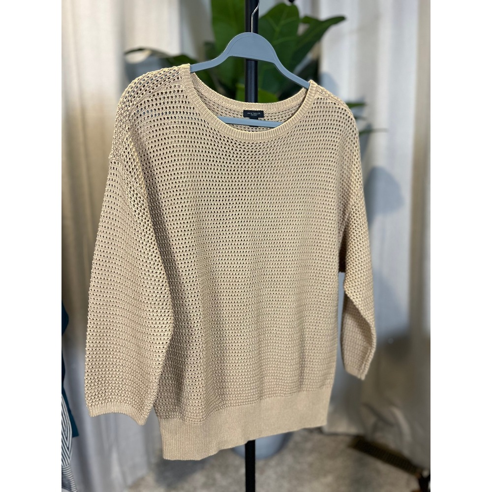 Ann Taylor Factory Tan Beige Open Knit 3/4 Sleeve Pullover Sweater Large